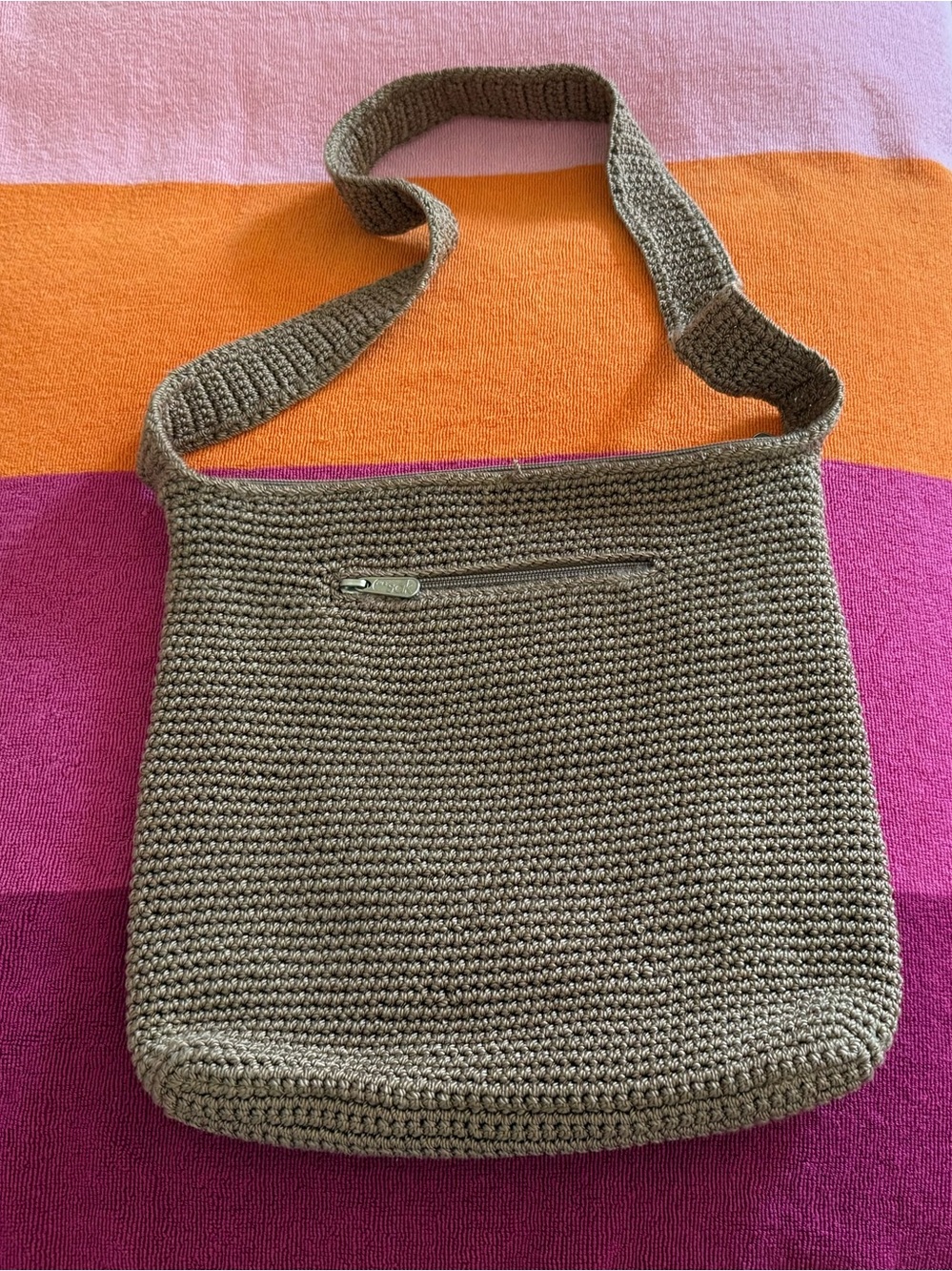The Sak taupe Brown Crochet Shoulder Bag Zip Closure Lined Inner Pockets